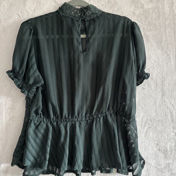 High Neck Lace Top Victorian Whimsigoth Dark Fairy Size L Green Keyhole Peplum - Picture 6 of 8